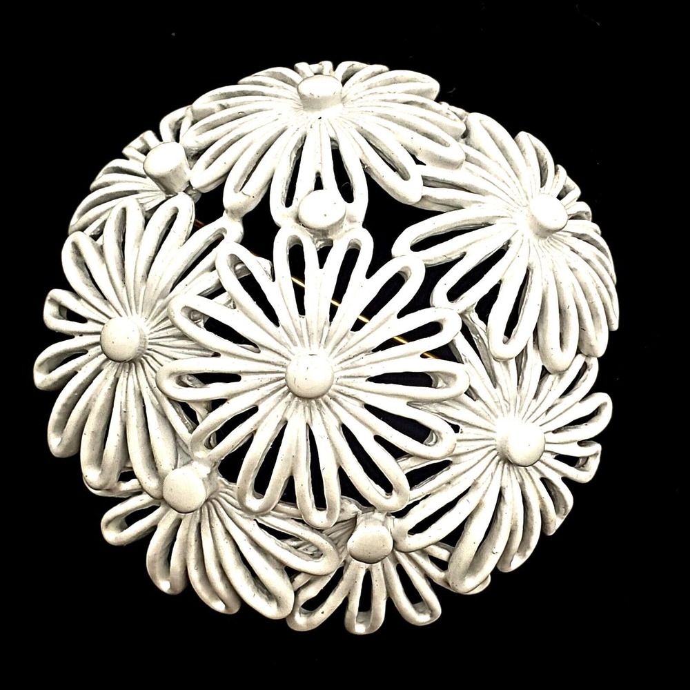 Monet White Enamel Dome Brooch Pin Flower Power Bouquet Statement Vintage Summer